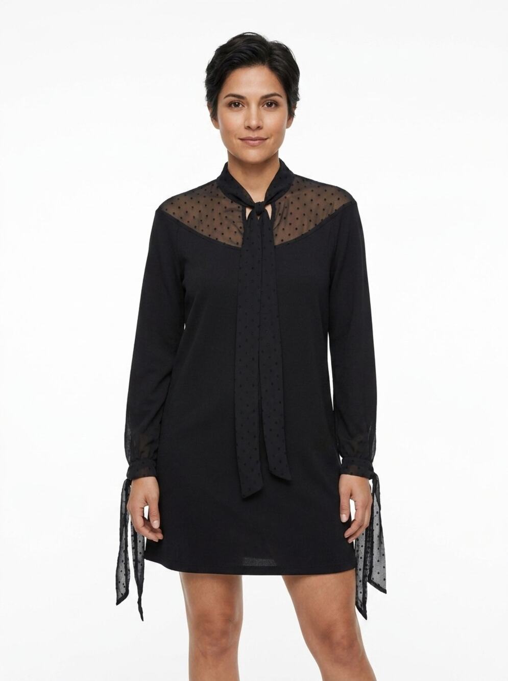 Zara Black Sheer Polka Dot Yoke Tie Neck Shift Mini Dress Women Size S
